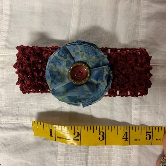 Handmade Infant Headband Burgundy Denim Blue & Green Flower Center Size Preemie - Picture 3 of 9